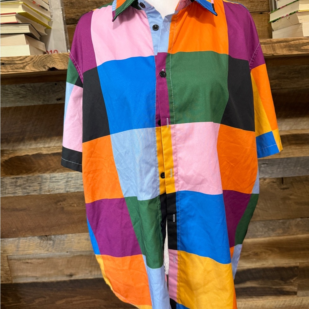 SHEIN Multicolor Patchwork Short Sleeve Button-Down Shirt